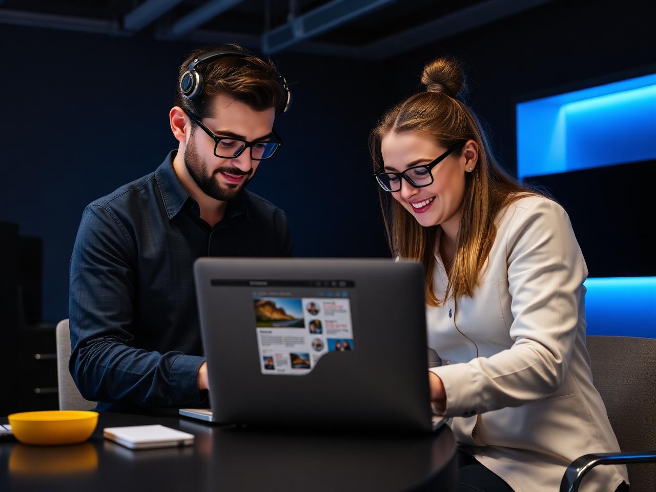 Designer and developer reviewing a new website layout on a laptop